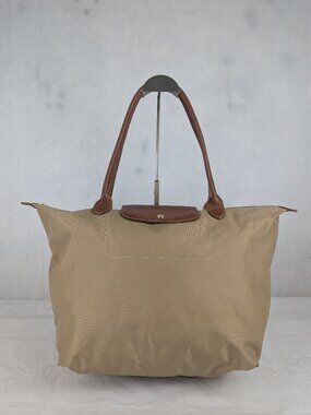 Longchamp Le Pliage Designer Tote Nylon Leather Preowned Bag Beige.